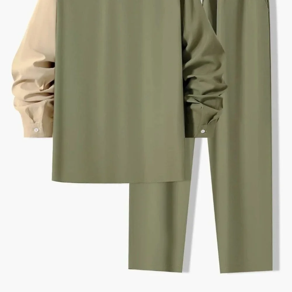 Tan And Green Mens Shirt And Pants Set - Picture 4 of 7